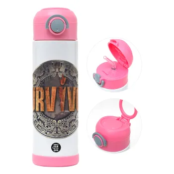 Survivor, Children's hot water bottle, stainless steel, with safety straw, PINK (500ml)