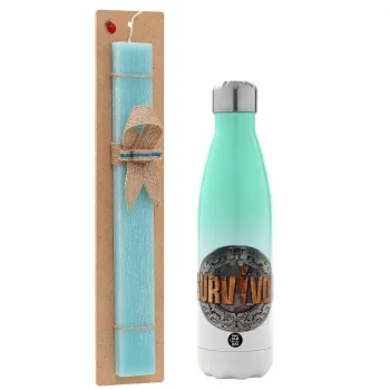 Survivor, Easter Set, Metallic green/white thermos (Stainless steel), double-walled, 500ml & scented flat Easter candle (30cm) (TURQUOISE)