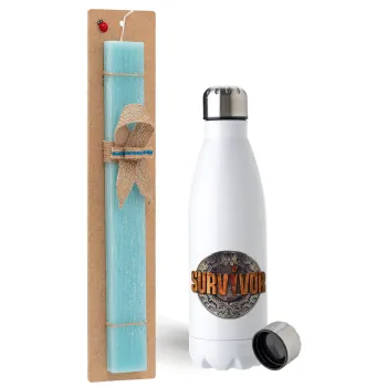 Survivor, Easter Set, metallic stainless steel water bottle (750ml) & aromatic flat Easter candle (30cm) (TURQUOISE)