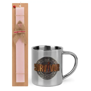Survivor, Easter Set, metallic thermal cup (300ml) & aromatic flat Easter candle (30cm) (PINK)