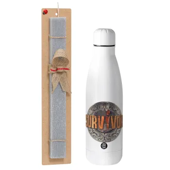 Survivor, Easter Set, metallic stainless thermos bottle (500ml) & scented flat Easter candle (30cm) (GRAY)