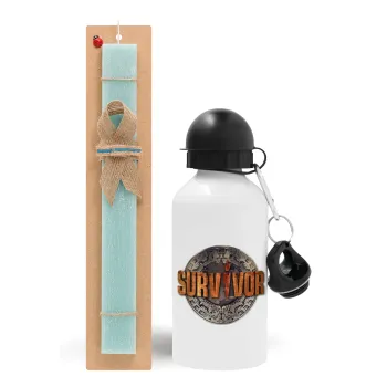 Survivor, Easter Set, metallic aluminum water bottle (500ml) & scented flat candle (30cm) (TURQUOISE)