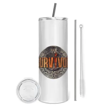 Survivor, Tumbler ποτήρι θερμό από ανοξείδωτο ατσάλι 600ml, με μεταλλικό καλαμάκι & βούρτσα καθαρισμού