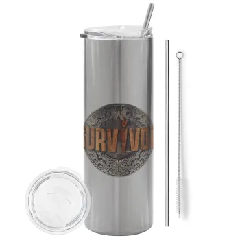 Survivor, Tumbler stainless steel Silver 600ml, with metal straw & cleaning brush