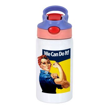 Rosie we can do it!, Παιδικό παγούρι θερμό, ανοξείδωτο, με καλαμάκι ασφαλείας, ροζ/μωβ (350ml)