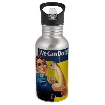 Rosie we can do it!, Παγούρι νερού Ασημένιο με καλαμάκι, ανοξείδωτο ατσάλι 500ml
