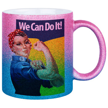 Rosie we can do it!, Κούπα Χρυσή/Μπλε Glitter, κεραμική, 330ml