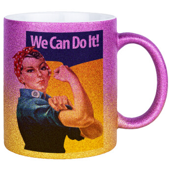 Rosie we can do it!, Κούπα Χρυσή/Ροζ Glitter, κεραμική, 330ml