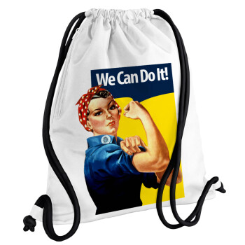 Rosie we can do it!, Backpack pouch GYMBAG white, with pocket (40x48cm) & thick cords