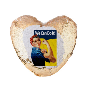Rosie we can do it!, Μαξιλάρι καναπέ καρδιά Μαγικό Χρυσό με πούλιες 40x40cm περιέχεται το  γέμισμα