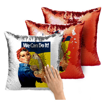 Rosie we can do it!, Μαξιλάρι καναπέ Μαγικό Κόκκινο με πούλιες 40x40cm περιέχεται το γέμισμα