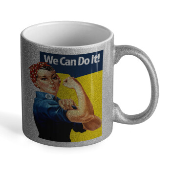Rosie we can do it!, Κούπα Ασημένια Glitter που γυαλίζει, κεραμική, 330ml