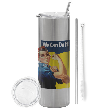 Rosie we can do it!, Eco friendly stainless steel Silver tumbler 600ml, with metal straw & cleaning brush