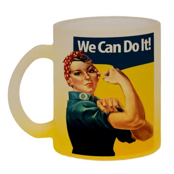 Rosie we can do it!, Κούπα γυάλινη δίχρωμη με βάση το κίτρινο ματ, 330ml