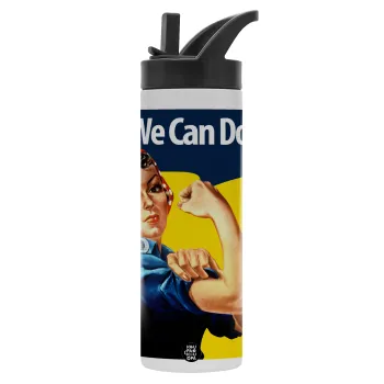 Rosie we can do it!, Μεταλλικό παγούρι θερμός με καλαμάκι & χειρολαβή, ανοξείδωτο ατσάλι (Stainless steel 304), διπλού τοιχώματος, 600ml