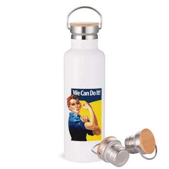 Rosie we can do it!, Μεταλλικό παγούρι θερμός (Stainless steel) Λευκό με ξύλινο καπάκι (bamboo), διπλού τοιχώματος, 750ml