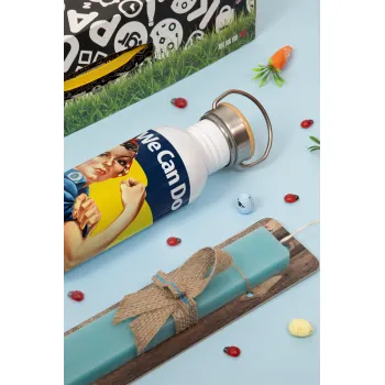 Rosie we can do it!, Πασχαλινή Λαμπάδα με παγούρι μεταλλικό (620ml, stainless steel) & κερί αρωματικό πλακέ (30cm) (ΤΙΡΚΟΥΑΖ)