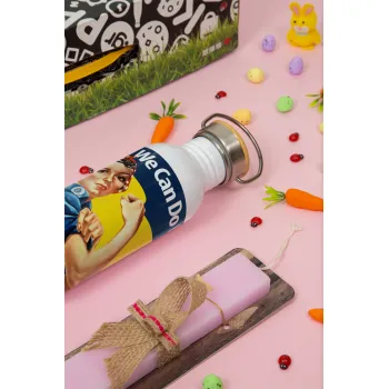 Rosie we can do it!, Πασχαλινή Λαμπάδα με παγούρι μεταλλικό (620ml, stainless steel) & κερί αρωματικό πλακέ (30cm) (ΡΟΖ)