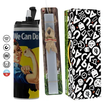 Rosie we can do it!, Πασχαλινή Λαμπάδα με Travel Tumbler θερμό (600ml, BPA free) & κερί αρωματικό πλακέ (30cm) (ΓΚΡΙ)