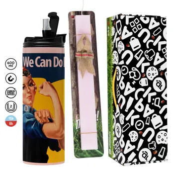 Rosie we can do it!, Πασχαλινή Λαμπάδα με  ΡΟΖ Travel Tumbler θερμό (600ml, BPA free) & κερί αρωματικό πλακέ (30cm) (ΡΟΖ)