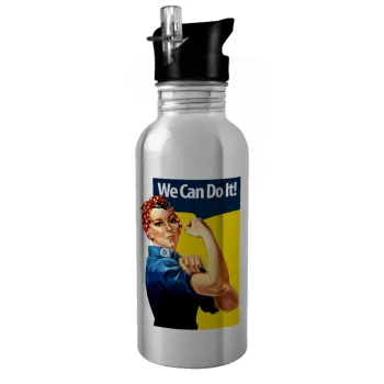 Rosie we can do it!, Παγούρι νερού Ασημένιο με καλαμάκι, ανοξείδωτο ατσάλι 600ml