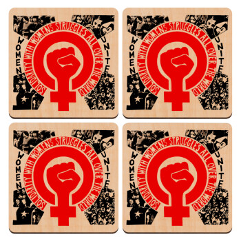 Women's day 1975 poster, ΣΕΤ x4 Σουβέρ ξύλινα τετράγωνα plywood (9cm)
