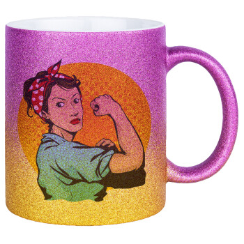 Strong Women, Κούπα Χρυσή/Ροζ Glitter, κεραμική, 330ml