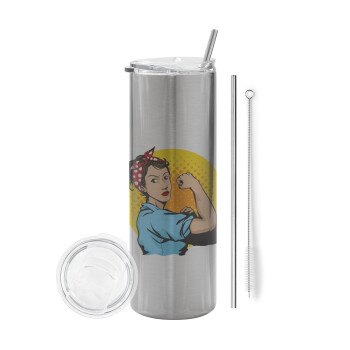 Strong Women, Eco friendly stainless steel Silver tumbler 600ml, with metal straw & cleaning brush
