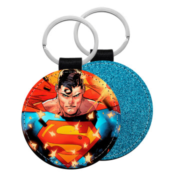 Superman angry, Μπρελόκ Δερματίνη, στρογγυλό ΜΠΛΕ (5cm)