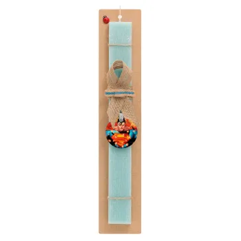 Superman angry, Easter Set, wooden keychain & aromatic flat Easter candle (30cm) (TURQUOISE)