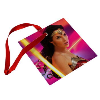 Wonder woman Gadot, Χριστουγεννιάτικο στολίδι γυάλινο τετράγωνο 9x9cm