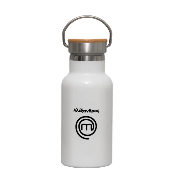 Master Chef Greece — Metallic thermos (Stainless steel) White with wooden lid (bamboo), double-walled, 350ml