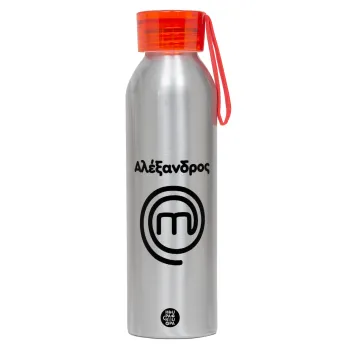 Master Chef Greece, Αλουμινένιο Αθλητικό Μπουκάλι 650ml – Ασημί με Κόκκινο Καπάκι και Λουράκι Σιλικόνης