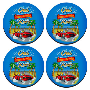 outrun game, SET of 4 round wooden coasters (9cm)
