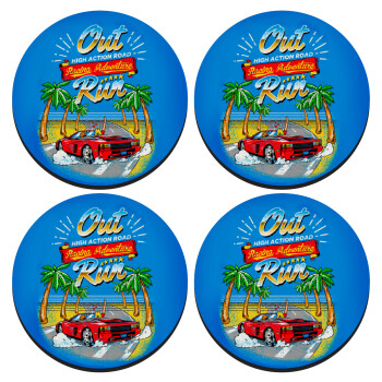 outrun game, SET of 4 round wooden coasters (9cm)