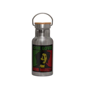 Bob marley, one love, Stainless steel metallic thermos flask, silver with a bamboo lid, double-walled, 350ml.