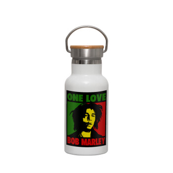 Bob marley, one love, Metallic thermos (Stainless steel) White with wooden lid (bamboo), double-walled, 350ml