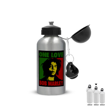 Bob marley, one love, Μεταλλικό παγούρι νερού, Ασημένιο, αλουμινίου 500ml