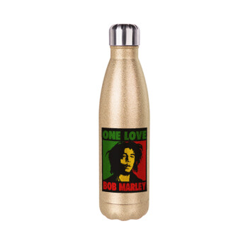 Bob marley, one love, Μεταλλικό παγούρι θερμός Glitter χρυσό (Stainless steel), διπλού τοιχώματος, 500ml