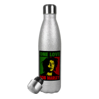 Bob marley, one love, Μεταλλικό παγούρι θερμός Glitter Aσημένιο (Stainless steel), διπλού τοιχώματος, 500ml
