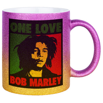 Bob marley, one love, Κούπα Χρυσή/Ροζ Glitter, κεραμική, 330ml