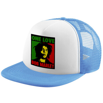 Bob marley, one love, Καπέλο Soft Trucker με Δίχτυ Γαλάζιο/Λευκό