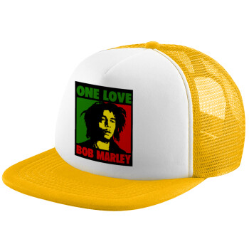 Bob marley, one love, Καπέλο Soft Trucker με Δίχτυ Κίτρινο/White 