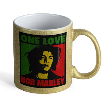 Bob marley, one love, Κούπα Χρυσή Glitter που γυαλίζει, κεραμική, 330ml