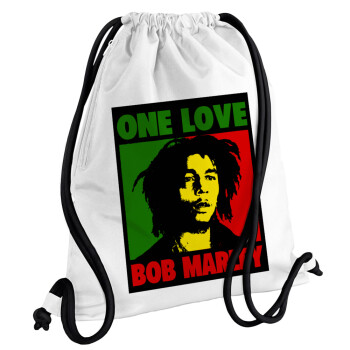 Bob marley, one love, Τσάντα πλάτης πουγκί GYMBAG λευκή, με τσέπη (40x48cm) & χονδρά κορδόνια