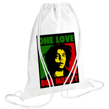 Bob marley, one love, Τσάντα πλάτης πουγκί GYMBAG λευκή (28x40cm)