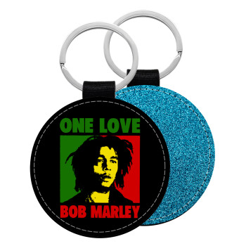 Bob marley, one love, Μπρελόκ Δερματίνη, στρογγυλό ΜΠΛΕ (5cm)
