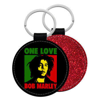 Bob marley, one love, Μπρελόκ Δερματίνη, στρογγυλό ΚΟΚΚΙΝΟ (5cm)
