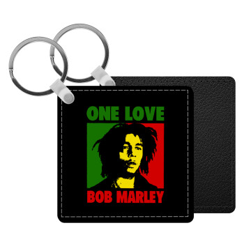 Bob marley, one love, Μπρελόκ Δερματίνη, τετράγωνο ΜΑΥΡΟ (5x5cm)