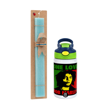 Bob marley, one love, Easter Set, Children's thermal stainless steel bottle with safety straw, green/blue (350ml) & aromatic flat Easter candle (30cm) (TURQUOISE)